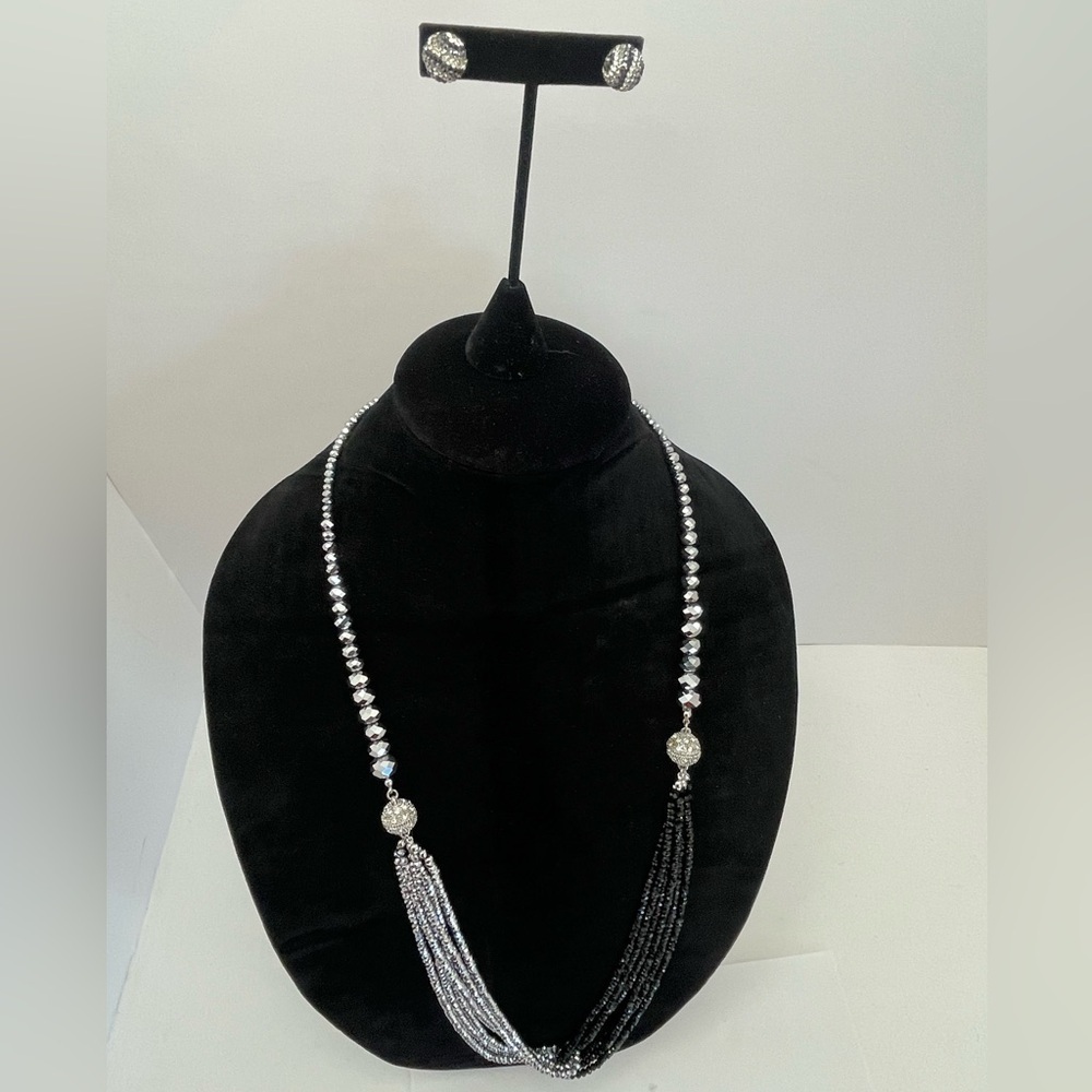 Dramatic Black and Silver Beaded Knot Necklace and Earrings